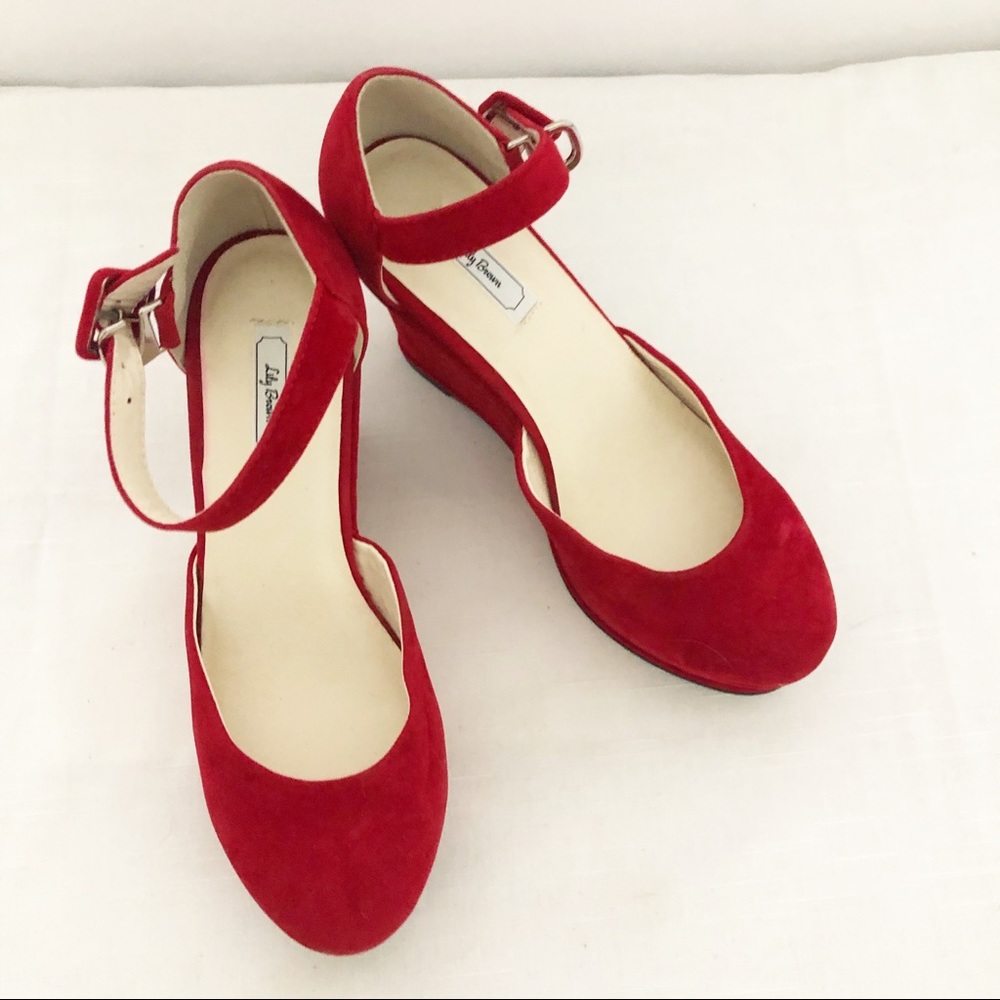 Lily Brown Deep red velvet wedge ankle strap
